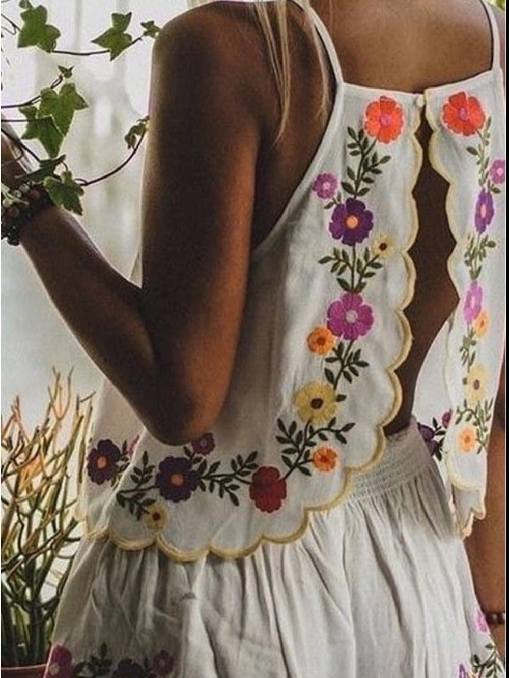 White Embroidered Floral Romper with Scalloped Trim